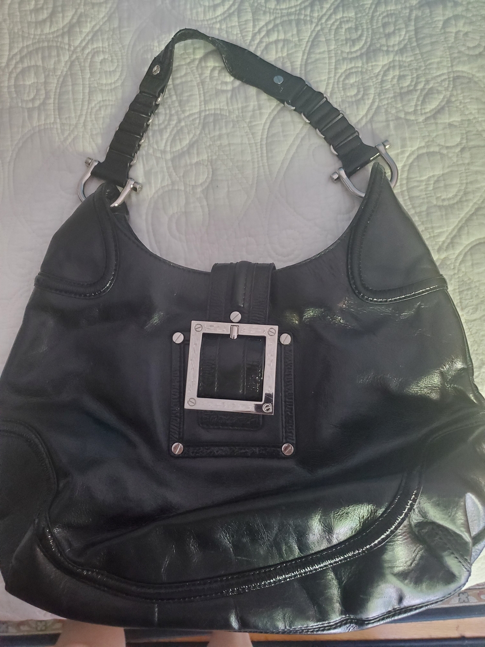Tory Burch Black Leather Shoulder Bag with Silver Buckle